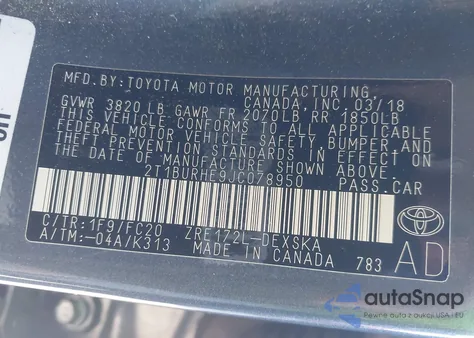 2018 Toyota Corolla Se from USA, damaged, VIN 2T1BURHE9JC078950